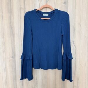 Altard State Womens Ribbed Knit Top Size M Blue Ruffle Bell Long Sleeve Boho